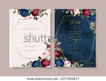 Watercolor wedding invitation template set with navy, burgundy floral and leaves decoration Royalty-Free Stock Photo #2257066817