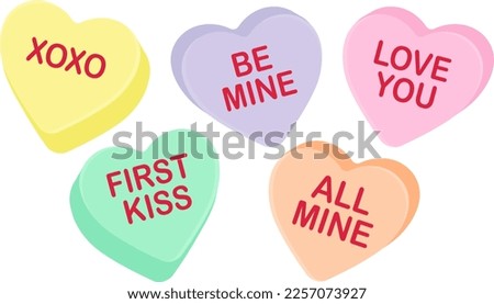 Candy heart sayings, sweethearts, valentines day sweets, sugar food message of love on seasonal holiday, hugs and kisses, be mine, valentine graphic design clip art, pastel bundle set white background