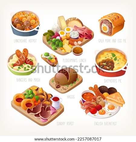 Collection of classic traditional British dishes with names. Meals good for lunch, snack and dinner. Popular English and Irish foods. Isolated vector images, tasty menu illustrations. Meat vegetables 