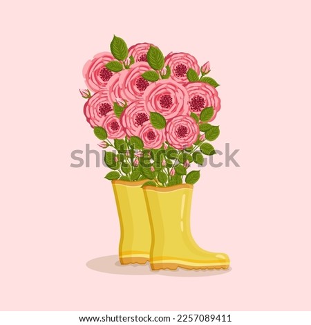 Bouquet of roses in yellow rain boots. Spring composition for Women's Day, Mother's Day, Valentine's Day and other holidays. Spring floral design isolated vector illustration.