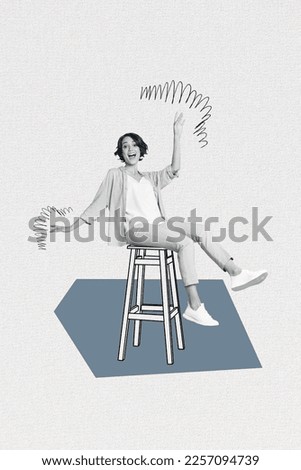 Vertical photo design collage of young overjoyed carefree good mood woman after work sit painted sketch bar chair weekend isolated on grey background