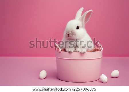 Creative minimal concept. Easter day. Little white baby rabbit bunny sitting in tin pink can with mini easter eggs isolated on pink background. view, mock up, copy space Royalty-Free Stock Photo #2257096875