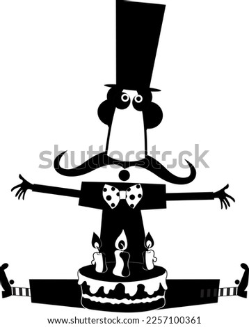 Cartoon man holds a cake with candles. 
Funny long mustache man in the top hat holding a cake with candles black on white
