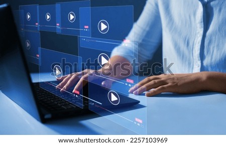Woman watching alive stream.Live digital stream multimedia player.Online live stream window. Video streaming on internet concept. 