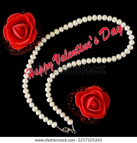 Pearl necklace and red rose flower shapes on black background, valentine's day concept with text.