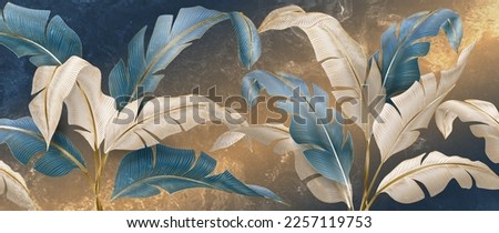 Luxury art background with tropical leaves in gold and blue colors with hand drawn elements in line style. Botanical banner with palm leaves for wallpaper design, decor, print, textile.