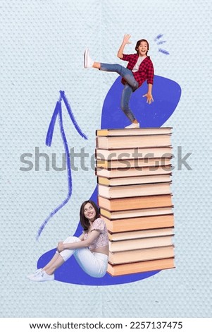 Collage photo of funny people schoolboy teenager stay stack knowledge books useful information with sit down lady isolated on blue background