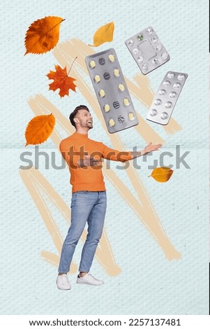 Vertical collage picture of positive guy arms catch flying pills drugs fallen leaves isolated on creative background