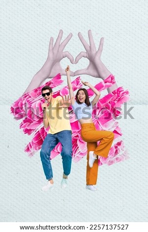 Creative poster collage of funny girl dancing on valentine day concert have pop idol young guy sing love heart touching song Royalty-Free Stock Photo #2257137527