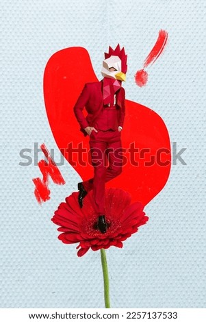 Creative 3d photo collage artwork painting of strange guy wear cock mask walking red flower isolated drawing background