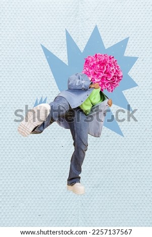 Vertical collage picture of excited cool person flower instead head leg showing demonstrate footwear shoe isolated on painted background