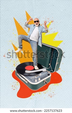 Surreal vintage trend collage of senior man dancing energetic on huge gramophone turntable plate having fun event Royalty-Free Stock Photo #2257137623