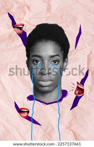 Creative photo 3d collage artwork postcard poster of unhappy stressed person suffering social opinion isolated on painting background