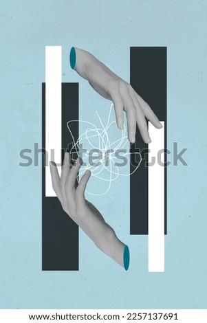 Creative black white gamma photo picture poster collage of two human hands hold object ornament isolated on painting background