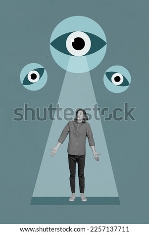 Collage artwork graphics picture of puzzled guy looking up alien eyes isolated painting background