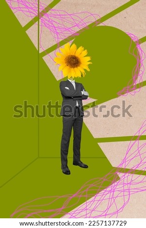 Creative photo 3d collage artwork poster picture postcard of handsome man arm folded flower instead face isolated on painting background