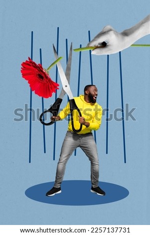 Creative photo 3d collage artwork poster picture postcard of joyful guy work as florist cutting flowers isolated on painting background