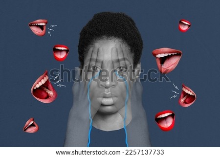 Creative photo 3d collage artwork postcard poster of crying girl arms cover eyes suffer discrimination isolated on painting background
