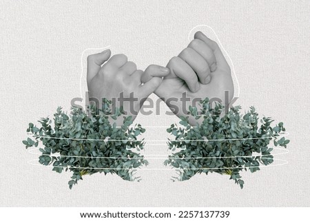 Collage photo picture poster of two human people hands hold touch demonstrate peace agreement gesture isolated on drawing background