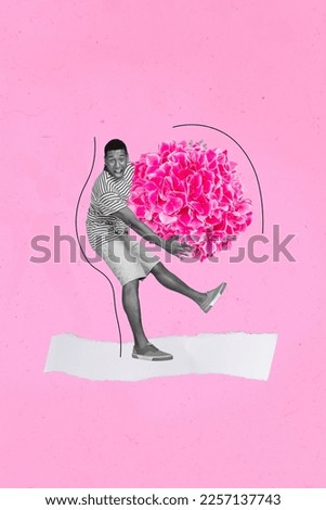 Vertical collage image of excited impressed black white effect guy arms hold huge flower isolated on pink background