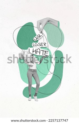 Creative 3d collage poster picture sketch of upset person victim suffer heavy load of bullying isolated on painting background