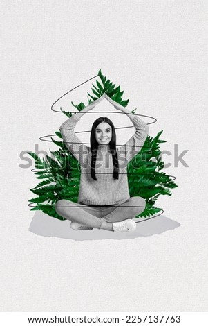 Vertical collage picture of positive black white gamma girl arms demonstrate roof gesture green plant leaves isolated on creative background