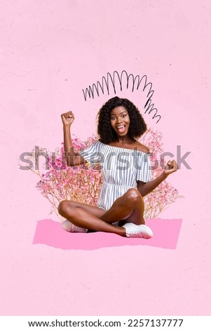 Vertical collage picture of excited delighted girl raise fists have good mood fresh flowers bush isolated on pink background