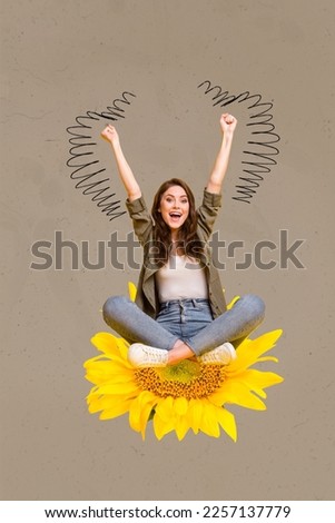 Vertical photo artwork design collage of young excited woman raise fists up sit yellow natural sunflower menstruation end isolated on grey background