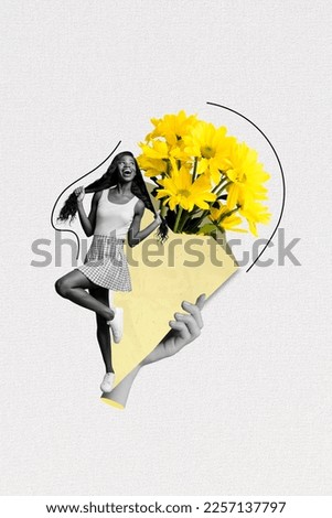 Vertical creative photo artwork minimal collage of young excited funny girl enjoy girl yellow bouquet fresh flowers gift isolated on grey background