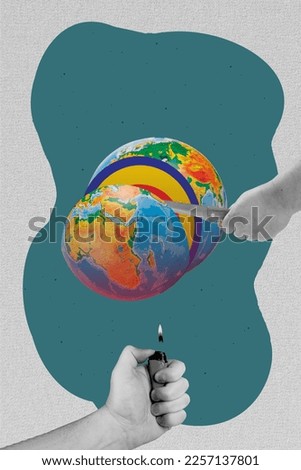 Creative photo 3d collage artwork poster postcard of human arm cause natural disaster cataclysm isolated on painting background