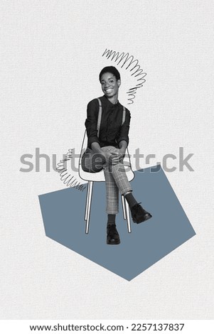 Vertical creative photo collage illustration of nice charming satisfied girl sitting on chair isolated on white paper color background