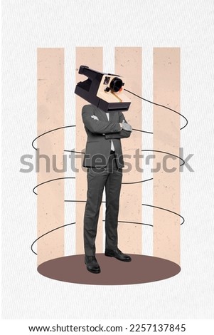 Creative retro 3d magazine collage image of confident guy vintage insta camera instead of head isolated painting background