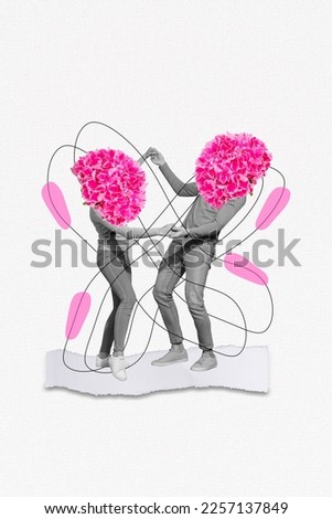 Vertical collage picture of two black white effect people hold hands dancing flower instead head isolated on creative background