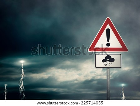 Caution - Thunderstorms Ahead - A dark cloudy sky with lightning bolts and a warning sign in the foreground - computer generated image Royalty-Free Stock Photo #225714055