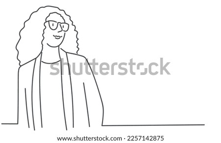 Business girl with glasses looks away. Hand drawn vector illustration.