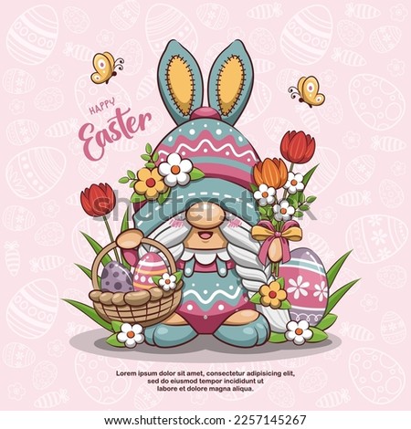 Happy Easter With Lady Gnome And Easter Basket. Cute Cartoon Illustration