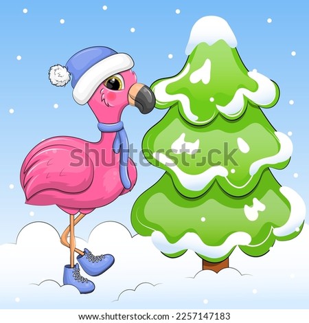 A cute cartoon pink flamingo in a hat and scarf stands next to the fir tree. Winter bird vector illustration on a blue background with snow.