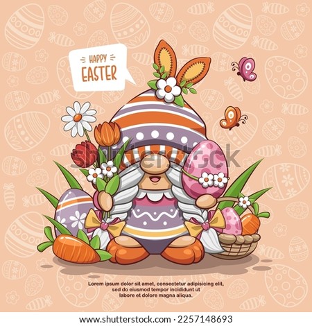 Happy Easter With Lady Gnome, Flowers, Carrot, And Egg Basket Of Easter. Cute Cartoon Illustration