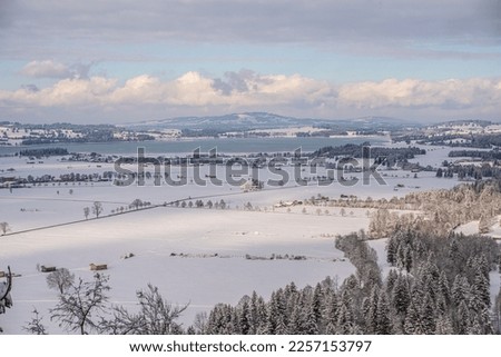 Landscape picture of a snowy plain with trees, houses, hills and a lake. Photo taken from the Neuschwanstein castle, in Bavaria.