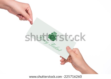 hand holding ferry ticket by hand isolated over white background. Focus on tickets
