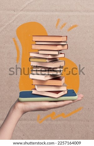 Vertical collage picture of arm palm hold telephone display pile stack book isolated on carton paper background