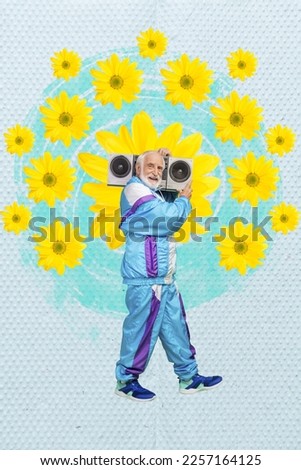 Photo collage cartoon comics sketch picture of happy smiling old guy walking listening boom box isolated drawing background