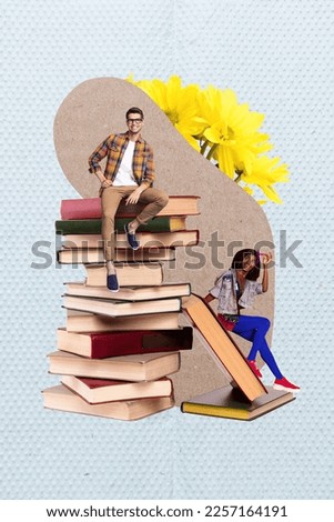 Vertical collage image of two positive little people sitting huge pile stack book yellow flowers isolated on drawing background