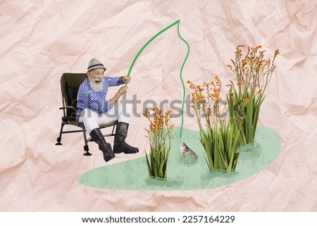 Drawing image collage graphics of funny pensioner man have fun fishing catch salmon from lake on rural weekend