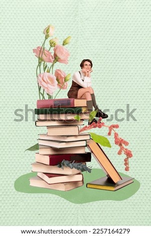 Collage banner advert of little girl sitting stack book dream inspiration bright smart knowledge