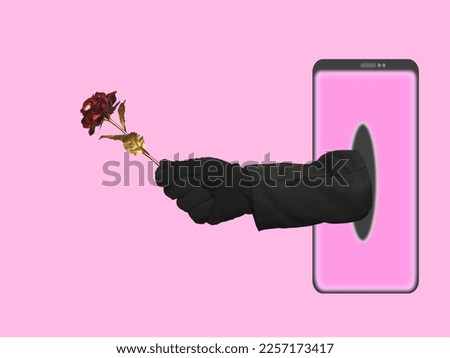 A picture of suspicious hand giving rose flower gold from illustration smartphone on pink background. Valentines concept and love scam concept. Royalty-Free Stock Photo #2257173417