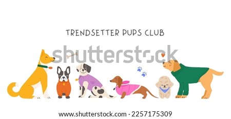 Banner with a group of various breed dogs wearing colorful winter outfits. Hand drawn cartoon animals vector illustration. 