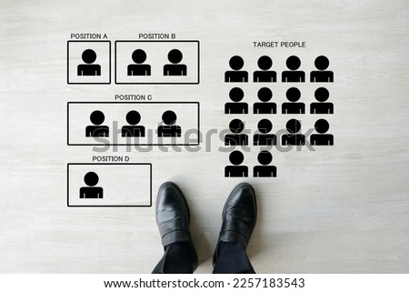 Thinking businessman's feet with human pictogram and section, personnel transfer images
