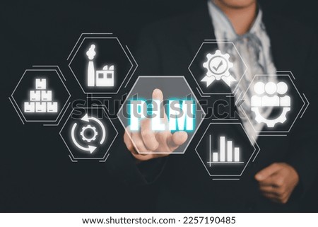 PLM, product lifecycle management concept, Business person hand touching product lifecycle management icon on virtual screen, program development, Technology, Internet and network.
