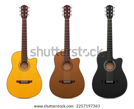 Vector set of different color classical acoustic guitars, isolated on a white background.